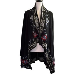 Black Draped Open-Front Sweater with Floral Embroidery